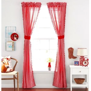 Pionierin Frau rot Gingham Bommel Borte Vorhänge 2 Paneele & Raffbänder 40"x84" - Bild 1 von 4