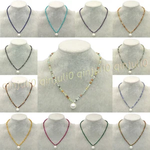 4mm Round Multicolor Gemstone 14mm White Shell Pearl Pendant Necklace 14-32inch - Picture 1 of 127