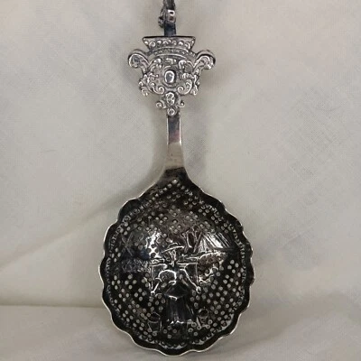 Sterling Silver  WEIGHER OF SOULS Funeral Monkey Spoon Pierced Dutch Scene 1800s - Image 1 of 4