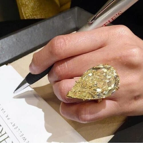 Big Yellow Pear CZ Solitaire Cocktail Party Ring In 935 Argentium Silver - Image 1 of 3