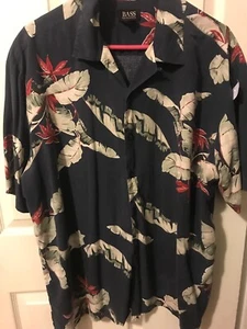 Hawaiian Floral Tropical Mens 100% Silk Button Down Shirt By Bass Sz Large - Imagen 1 de 6