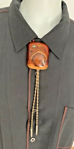 Vintage  Lacquered Wood & Turquoise Nugget  Two Tone Leather Braided Bolo Tie - Picture 1 of 8