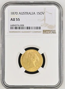 1870 AUSTRALIA 1 SOVEREIGN KM#4 VICTORIA SYDNEY MINT NGC AU55 GOLD COIN - Picture 1 of 6