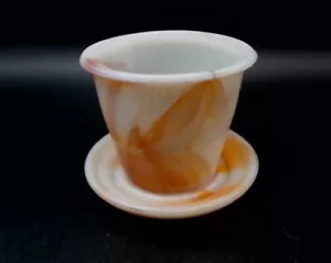 Akro Agate Glass Orange and White 5 Dart Flower Pot and Under Plate - Picture 1 of 4