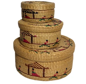 Vintage Set of 3 Nesting Chinese Baskets Depicting The Emperor Being Carried - Picture 1 of 5