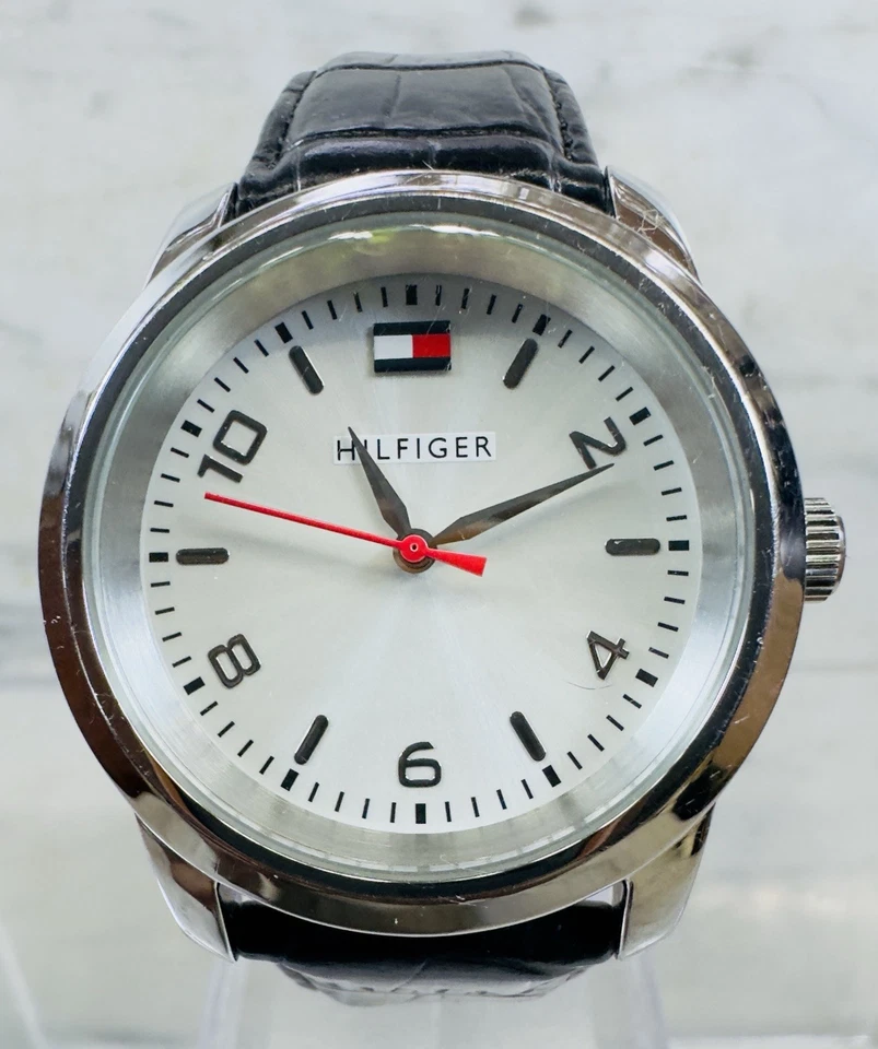 Tommy Hilfiger Men’s Quartz Watch Silver Dial Black Leather Band New Battery - Image 1 of 4