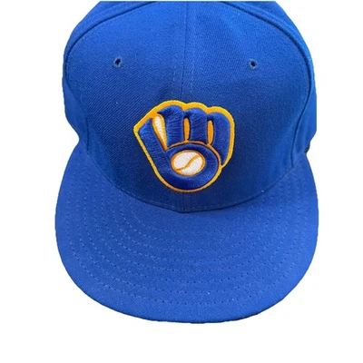 Milwaukee Brewers Retro Logo Hat Cap New Era 59Fifty Blue Fitted Mens 7 3/8 - Image 1 of 4