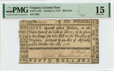 1778 October 5, $50 Virginia Colonial Note FR#VA-162 PMG F15 - Image 1 of 2