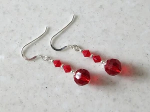 Faceted Cherry Red Crystals, Swarovski Crystals & St Silver Dangly Drop Earrings - Picture 1 of 11