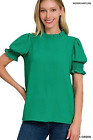 WOVEN AIRFLOW MOCK NECK SMOCKED PUFF SLEEVE TOP