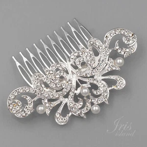 Peine de cabello de novia con perla cristal accesorio de boda 06523 plata - Imagen 1 de 7