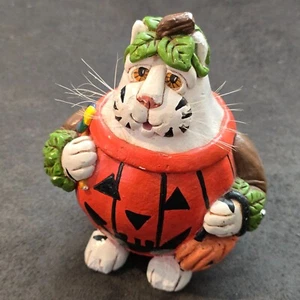 Vintage Enesco Vicki Thomas Halloween Folk Art Striped Cat Kitty Gourd 1998 - Picture 1 of 15