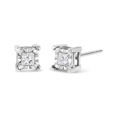 Real Princess Cut Diamond Solitaire Stud Earrings in Sterling Silver - Image 1 of 2