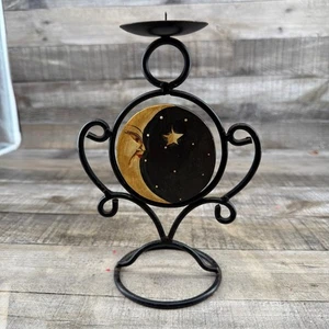 Vintage Metal Candle Holder w/ Rotating Wood Sun Moon Star Celestial Design - Picture 1 of 6
