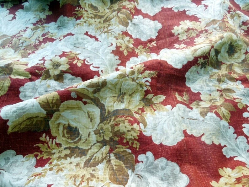 VENTA FLASH Tela Decoradora Vintage Rojo Floral Lino 4y X 48" Tinte Alizarin Raro Foto 1 de 4