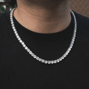 Catena Tennis Uomo Donna Vero Solido Oro Bianco 18k Simulato Diamante Zirconia - Foto 1 di 7