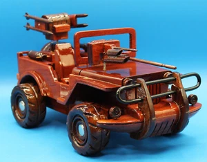 VINTAGE WOOD MAHOGANY MILITARY JEEP WITH GUNS ORIG BOX MADE IN VIETNAM - Picture 1 of 8