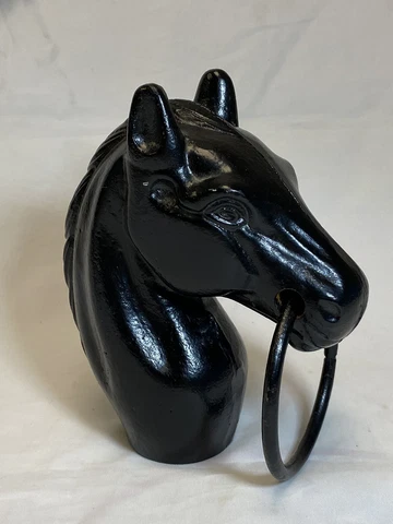 Vtg Cast Iron Horse Head Hitching Post Black With Mouth Ring Garden Fence 8.5" T Cover