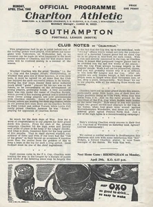 CHARLTON ATHLETIC V SOUTHAMPTON ~ 22 APRIL 1946 ~ FOOTBALL LEAGUE SOUTH - Picture 1 of 2