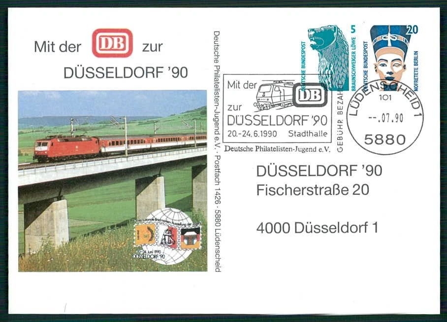 TARJETA DE PAPELERÍA POSTAL ALEMANIA 1990 DÜSSELDORF-EXPOSICIÓN TREN FERROVIARIO 'm4693 Foto 1 de 2