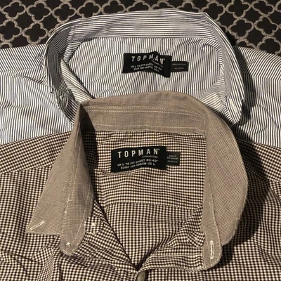 TOPMAN Mens (2) Bundled Button Shirts Sz Large Striped Checkered Blue Purple T2 - Image 1 of 4