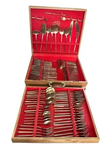 C1970’s Nickel Bronze 8 Person 108 Piece Dining Flatware Cutlery Set - Picture 1 of 8