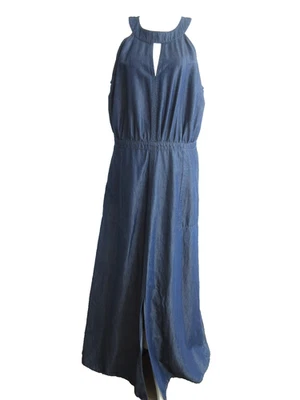 NY&Co Maxi Dress Womens L Blue Sleeveless Pockets Cotton Sateen Denim Glam Maxi - Image 1 of 4
