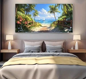 Vibrant Tropical Beach Scene with Palm TreesUnframed Canvas Painting for Living - Picture 1 of 6