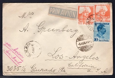 Cubierta de correo aéreo RUMANIA 1939 a EE. UU. Foto 1 de 2