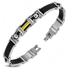 Stainless Steel Black Silver-Tone Mens Link Bracelet