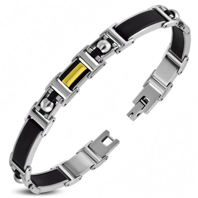 Brazalete de eslabones de acero inoxidable negro tono plata para hombre Foto 1 de 2