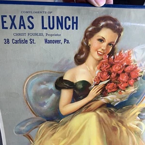 1940’s Erbit Pin Up Art Calendar Sign Girl Fourles Lunch Hanover Pennsylvania - Picture 1 of 12