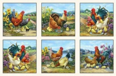 Joyful Countryside Roosters Hens Chickens Cream Cotton Quilting Fabric Block Pnl - image 1 of 3