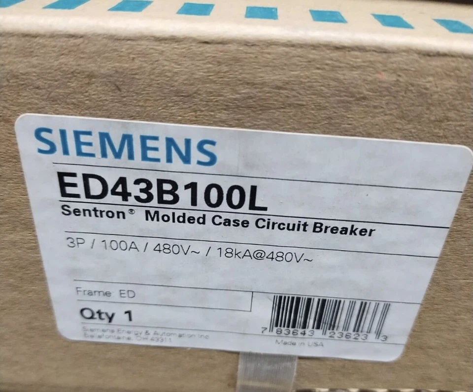 SIEMENS ED43B100L MOLDED CASE CIRCUIT BREAKER 100A 480VAC 3 POLE 50/60HZ NEW - Image 1 of 1