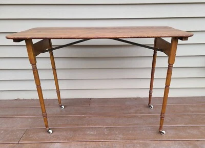 Antique Primitive Wood Table with Folding Legs & Porcelain Casters 36 1/2" - Image 1 of 4