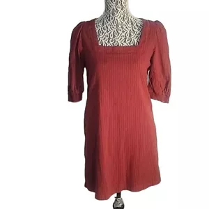 BB DAKOTA STEVE MADDEN RIbbed Square Neck Puffer Sleeve Knee Length Cotton Dress - Picture 1 of 7