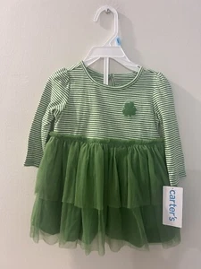 NWT Carters Girls 2 Piece Dress St Patricks Day Sz 6M Green Stripe Tulle Skirt - Picture 1 of 7