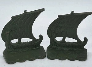 Viking Boat Book Ends Cast Iron Antique Green - Picture 1 of 7