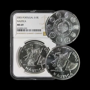 PORTUGAL. 2003, 10 Euro, Silver - NGC MS69 - Top Pop 🥇 Nautica, Ship, Sextant - Picture 1 of 5