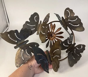 Vintage MCM Patina Brass & Copper Butterflies Flower Wall Hanging 3-D Home Decor - Picture 1 of 4