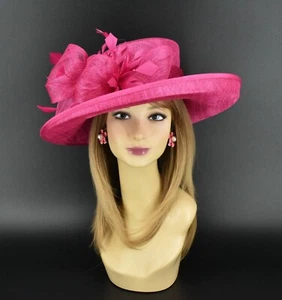 M4003 ( Hot Pink )Kentucky Derby, Church, Wedding, Easter Wide Brim Sinamay Hat - Picture 1 of 11