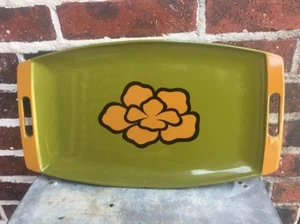 Mid Century 19”x10” Melamine Plastic Tray Green Yellow Flower & Handles Barware - Bild 1 von 4