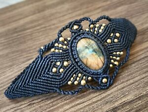 Macrame Surf Bracelet Labradorite Brass Beads Stone Boho Handmade Thread Natural