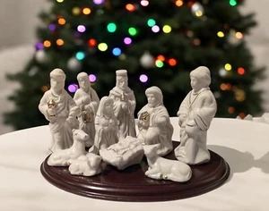 Vintage Nativity Set 11 PC Porcelain White Gold Wood Base Kirkland's Christmas - Picture 1 of 16