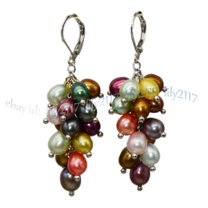 6-7mm Multicolor Freshwater Cultured Pearl Grape Dangle Silver Leverback Earring - Picture 1 of 3