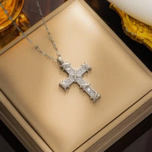 Vintage Christian Cross Zircon Inlay Necklace + Beautiful Jewelry Box Gift! - Picture 1 of 4