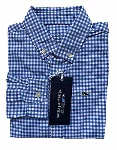 VINEYARD VINES Boys On The Go Performance Whale Shirt Gingham Blue NWT SIZE 7 - Picture 1 of 7