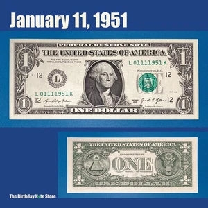 January 11, 1951 Birthday Anniversary $1 One Dollar Bill Serial Number 01111951 - Picture 1 of 2