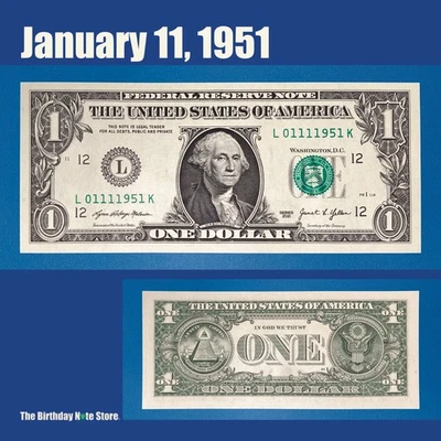 January 11, 1951 Birthday Anniversary $1 One Dollar Bill Serial Number 01111951 - Image 1 of 2