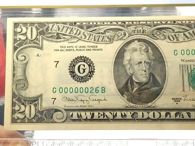 1988A $20 Federal Reserve Note – Low Serial # G00000026B – PCGS 65 PPQ Gem Unc – - Image 1 of 4